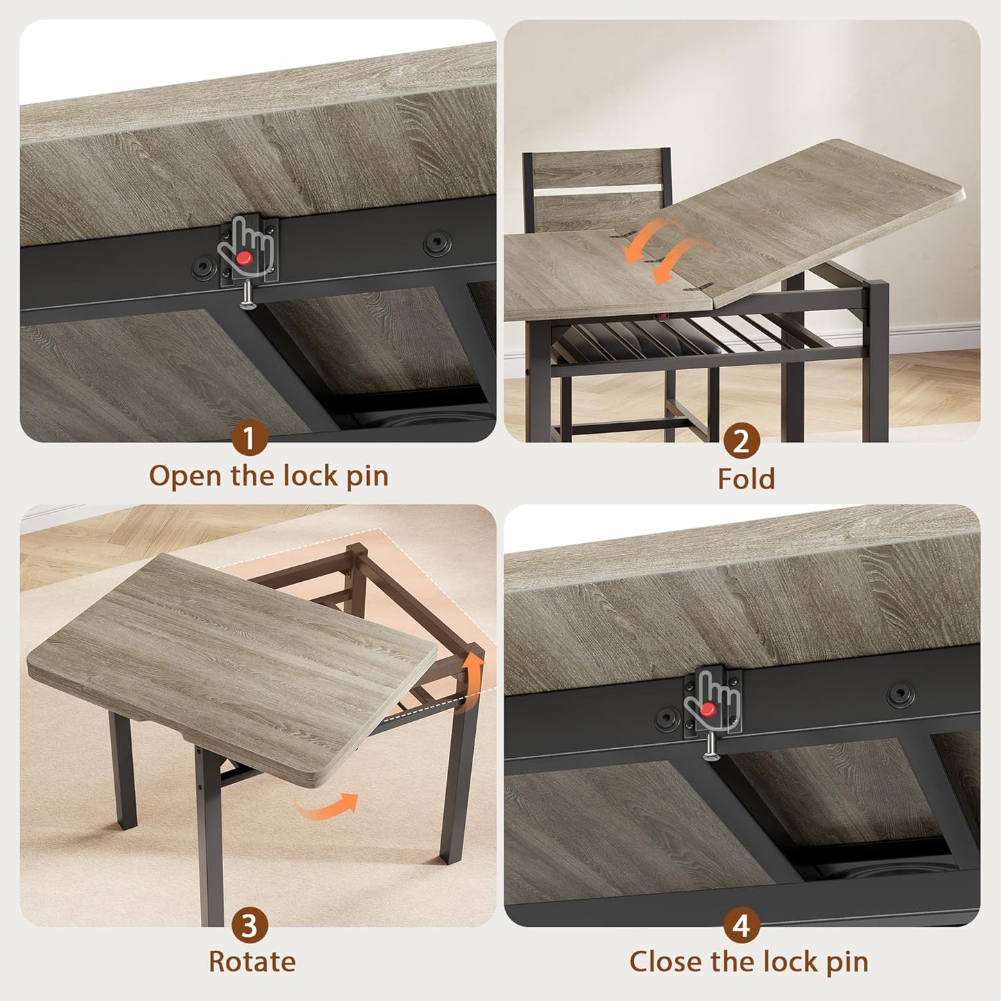 Dining Table Set for 4, Extendable Kitchen Table with 4 PU Leather Upholstered Dining Room Chairs, Wood Kitchen Table Set with Built-In Storage Rack for Dining & Small Spaces, Grey