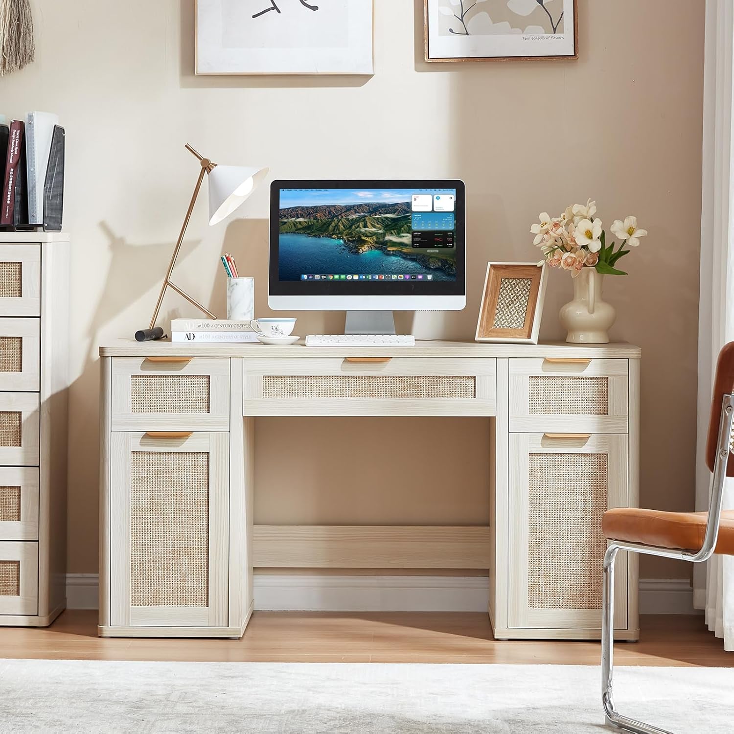 56'' Rattan Farmhouse Executive Desk with Drawers, Wood Home Office Desk with File Cabinet and Metal Handles, Large Vintage Computer Desk for Home, Bedroom, Living Room （Grey）