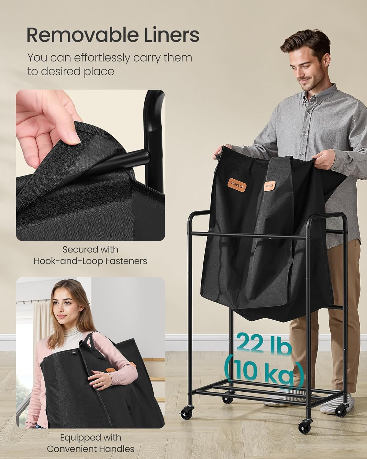 2-Section Laundry Sorter, Laundry Hamper with Wheels, Rolling Clothes Hamper Cart with Large Capacity and Removable Bags, for Laundry Room, Bedroom, Bathroom, Ink Black URLS210B01
