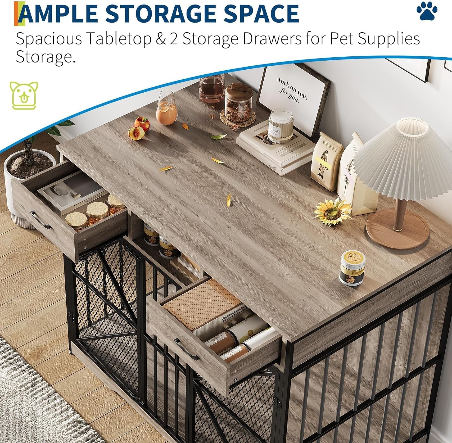 44 Inch Large Dog Crate Furniture, Multi-Functional Dog Cage Table with 2 Drawers and an Open Compartment, Heavy Duty Wooden Dog Crate TV Stand for Indoor Use