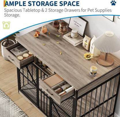 44 Inch Large Dog Crate Furniture, Multi-Functional Dog Cage Table with 2 Drawers and an Open Compartment, Heavy Duty Wooden Dog Crate TV Stand for Indoor Use