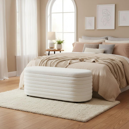 Storage Teddy Ottoman Bench Upholstered Fabric Storage Bench End of Bed Stool with Safety Hinge for Bedroom, Living Room, Entryway, Closet(45.5", White)