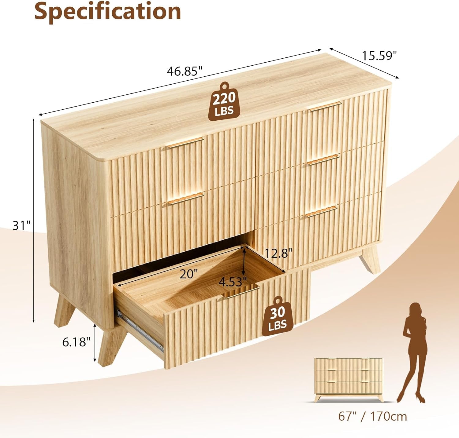 Fluted Dresser for Bedroom, 6 Drawer Dresser with Rounded Edges, Mid Century Modern Dressers Natural Wood Color, 46.8" W*15.6" D*31" H