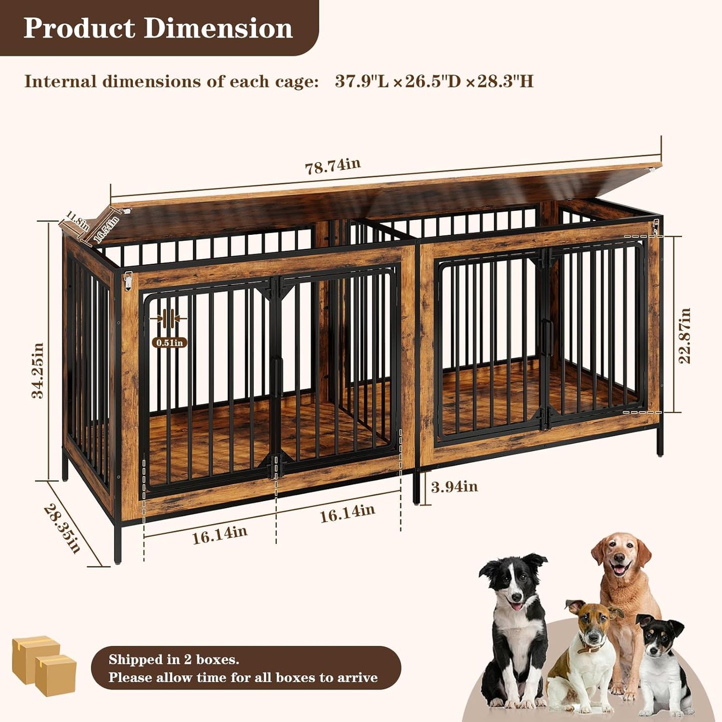 78.74" Double Dog Crate Furniture, Extra Large Dog Kennel Furniture Indoor, Heavy Duty Dog Cage for Medium and Large Dogs, Wooden Pet House as TV Stand, Brown