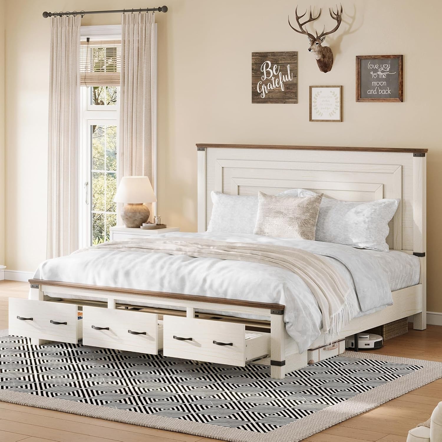 5-Piece Farmhouse Bedroom Set, Includes Wood Rustic King Bed Frame with 54" Tall Headboard, 6 Drawer Dresser Chests, 5 Drawers Tall Dresser, Nightstands Set of 2 with Charging Station, White