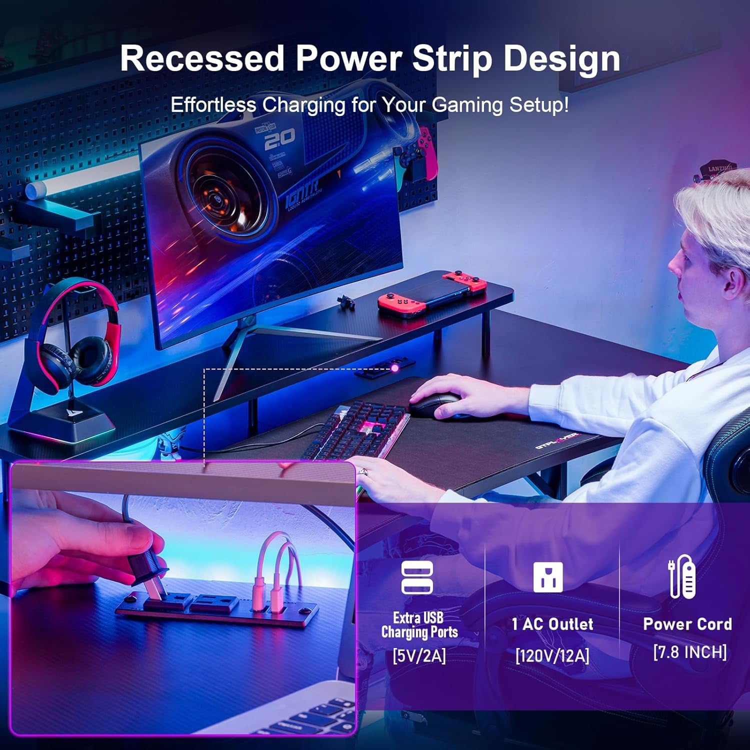 55 Inch Gaming Desk, Computer Gamer Desk with Monitor Stand, Ergonomic Carbon Fiber Surface Gaming Table with Power Outlet and Mouse Pad for Home Office, Colorful