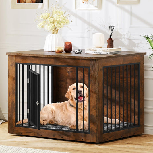 43.7" L Dog Crate Furniture for Large Dog, 2-In-1 Iron-Wood Fusion Modern Dogs Kennel Indoor up to 80 Lb, Side End Table, Adjustable Feet, Waterproof Top, Safety Corners, Rustic Brown