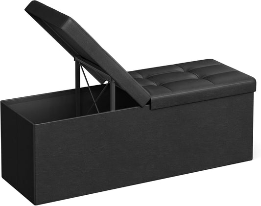 MAZIE Collection - 43 Inches Storage Ottoman Bench with Flipping Lid, Storage Chest with Iron Frame Support, Load 660 Lb, for Living Room, Bedroom, Synthetic Leather, Black ULSF75BK