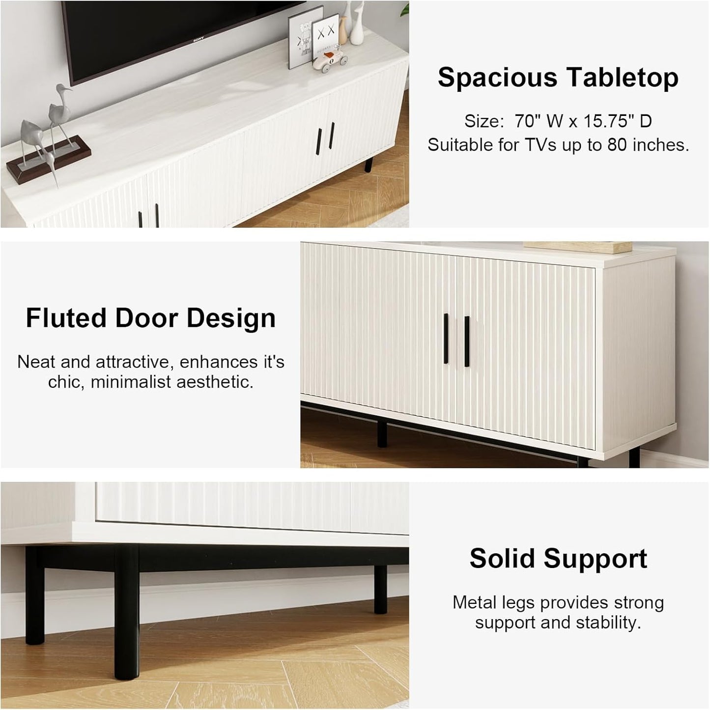 70" Modern TV Stand for Televisions up to 80 Inch, Entertainment Center with Storage, Cabinet with Fluted Door and Adjustable Shelf, Console Table and Media Furniture for Living Room, White