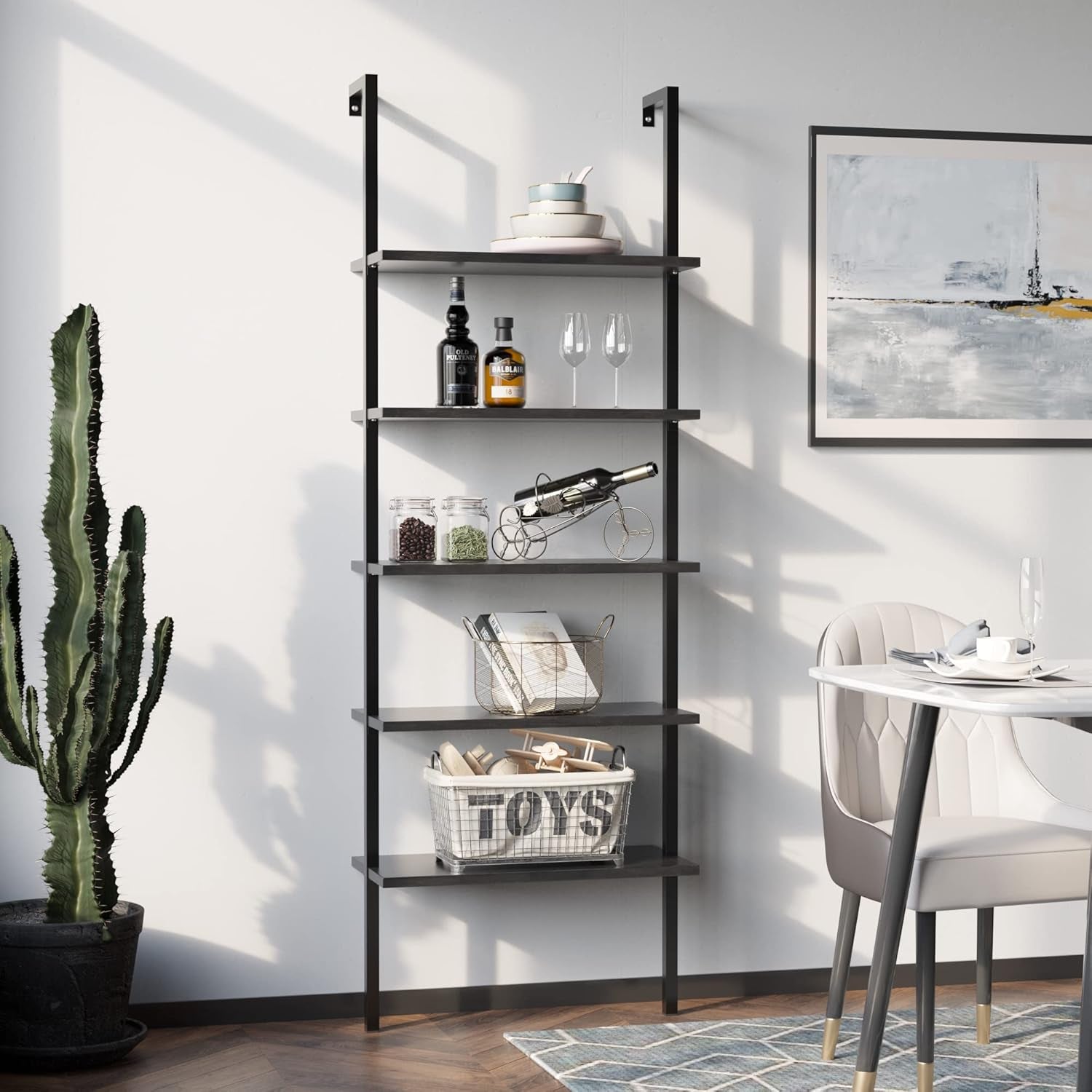 5-Tier Bookshelf, Wall Mount Ladder Shelf with Wood Board and Industrial Metal Frame, for Home Office, Living Room, Bedroom, Entryway and Hallway, (1, Black)