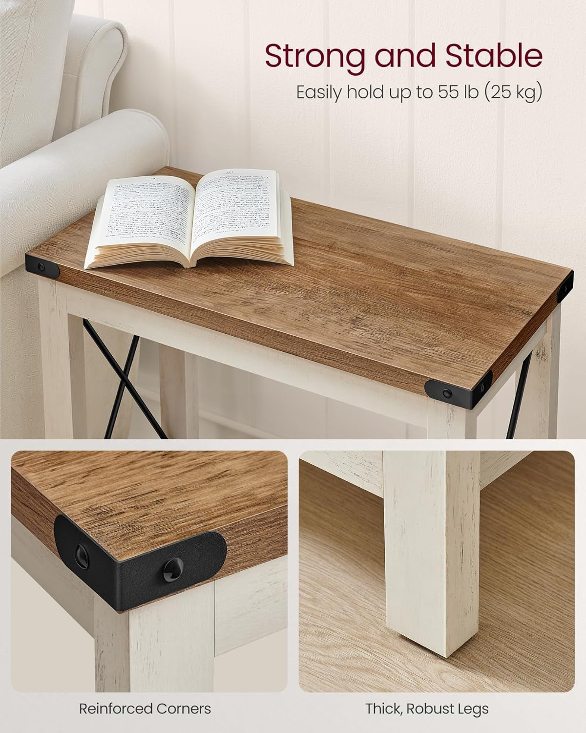 2-Tier End Table, Side Table with Bottom Shelf, Nightstand for Small Spaces, for Living Room, Bedroom, Farmhouse Style, Rustic White and Honey Brown ULET235W01