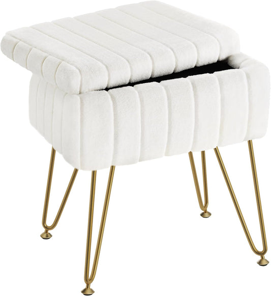 Vanity Stool Chair Faux Fur with Storage, 15.7"L X 11.8"W X 19.4"H Soft Ottoman 4 Metal Legs with Anti-Slip Feet, Furry Padded Seat, Modern Multifunctional Chairs for Makeup, Bedroom White