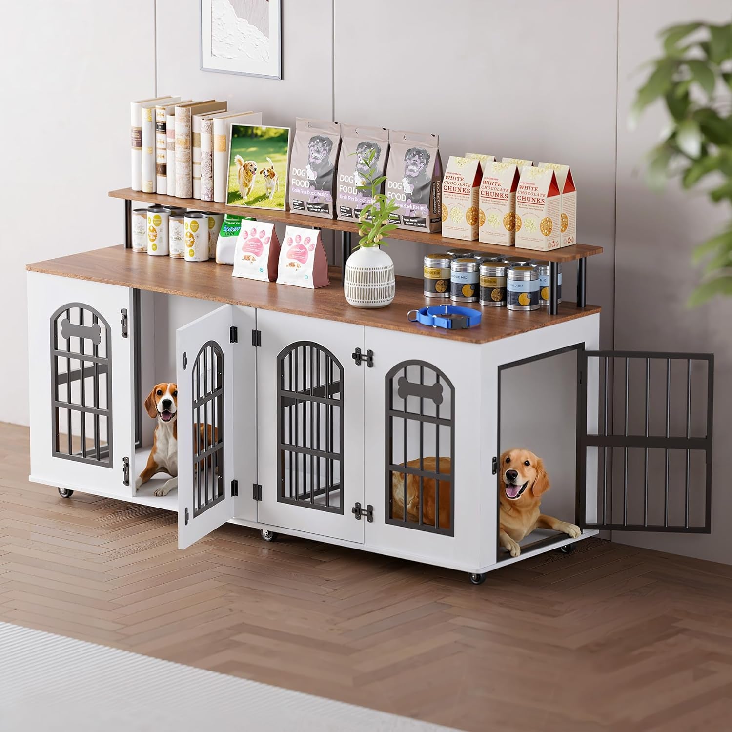 63" Dog Crate Furniture for 2 Dogs, XL Large Indoor Wooden Dog Kennel with Divider, 6 Lockable Wheels & Storage, Heavy Duty Modern Decorative Double Dog Cage TV Stand for Medium/Large Breed