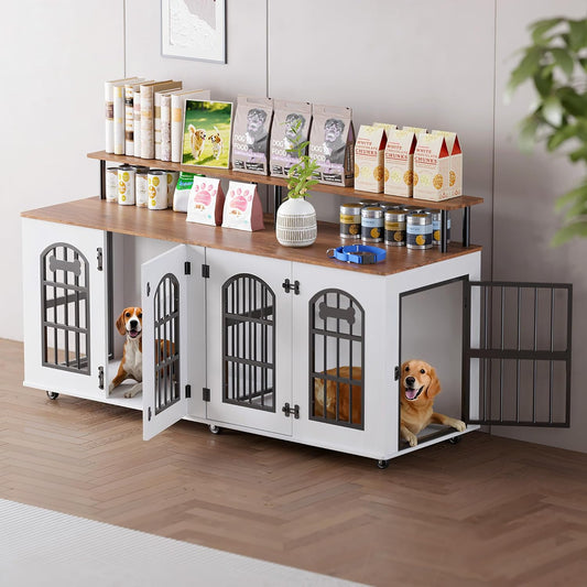 63" Dog Crate Furniture for 2 Dogs, XL Large Indoor Wooden Dog Kennel with Divider, 6 Lockable Wheels & Storage, Heavy Duty Modern Decorative Double Dog Cage TV Stand for Medium/Large Breed
