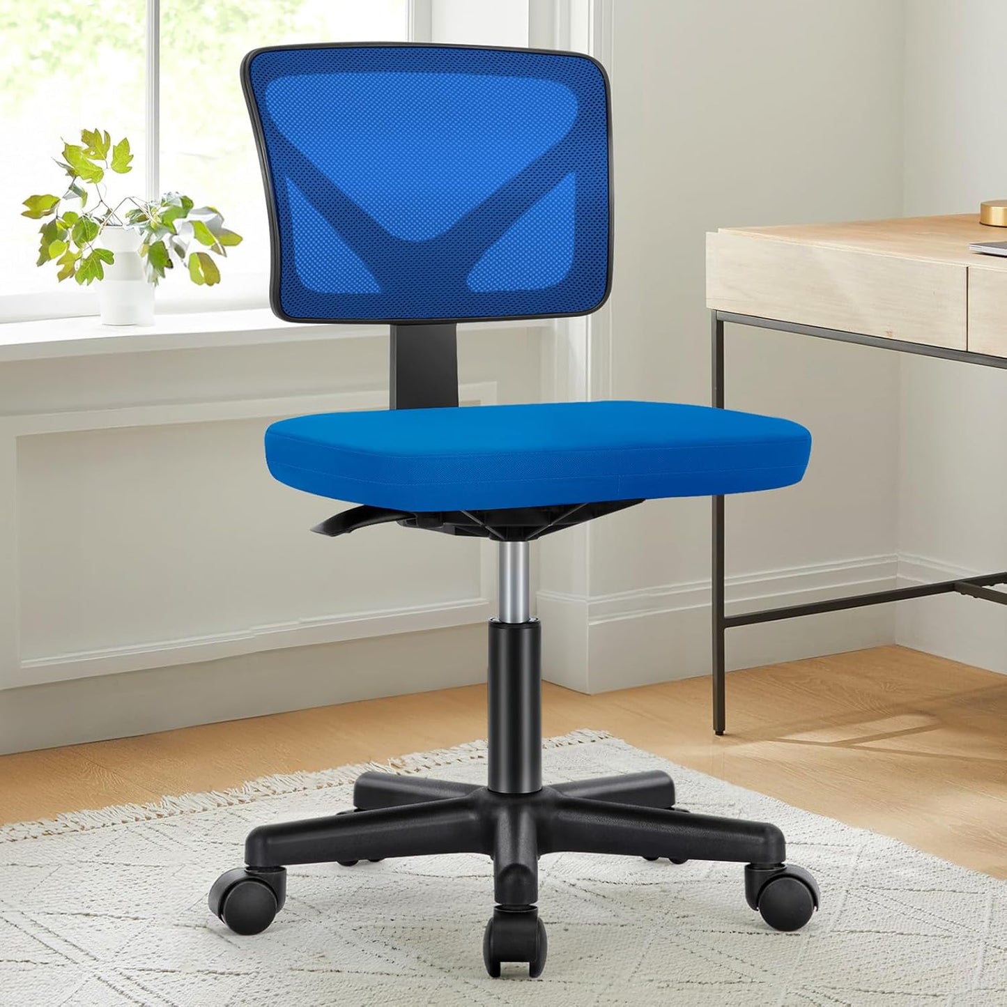 Armless Office Chairs with Wheels Cute Home Desk Chair No Arms, Ergonomic Adjustable Swivel Rolling Task Chair, Comfy Mesh Mid Back Computer Work Vanity Chair for Small Spaces, Dark Blue
