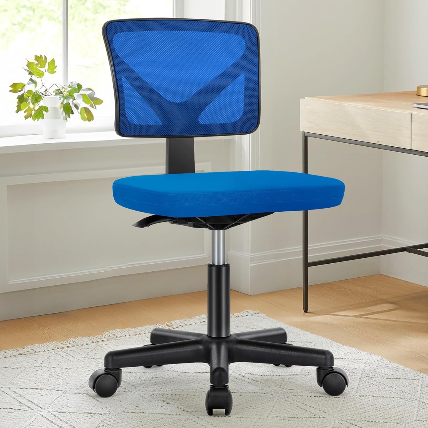 Armless Office Chairs with Wheels Cute Home Desk Chair No Arms, Ergonomic Adjustable Swivel Rolling Task Chair, Comfy Mesh Mid Back Computer Work Vanity Chair for Small Spaces, Dark Blue