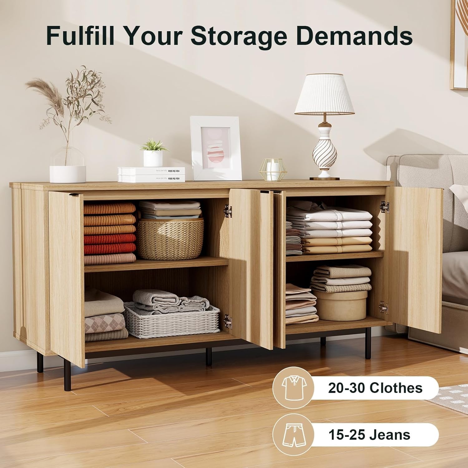 Modern TV Stand for 65 Inch Tv,Entertainment Center with Storage Cabinets and Adjustable Shelves, Media Console Table, Wood Television Furniture for Living Room, Bedroom, Natural Wood