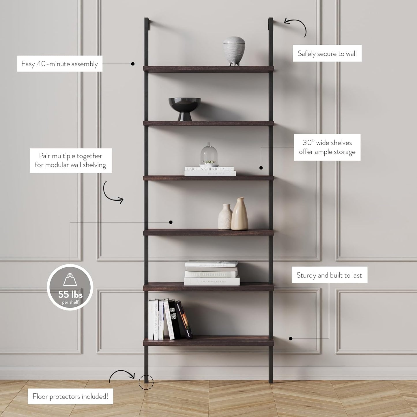 Theo 6-Shelf Tall Bookcase, Wall Mount Bookshelf with Natural Wood Finish and Industrial Metal Frame, Nutmeg/Matte Black, Set of 2