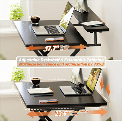 Folding Computer Desk with Adjustable Height, 23.6" X 31.5" X 25.6" Foldable Table with Monitor Stand, Small Office Desk for Bedroom, Space Saving Desk for Home Office, Easy Assemble, Black