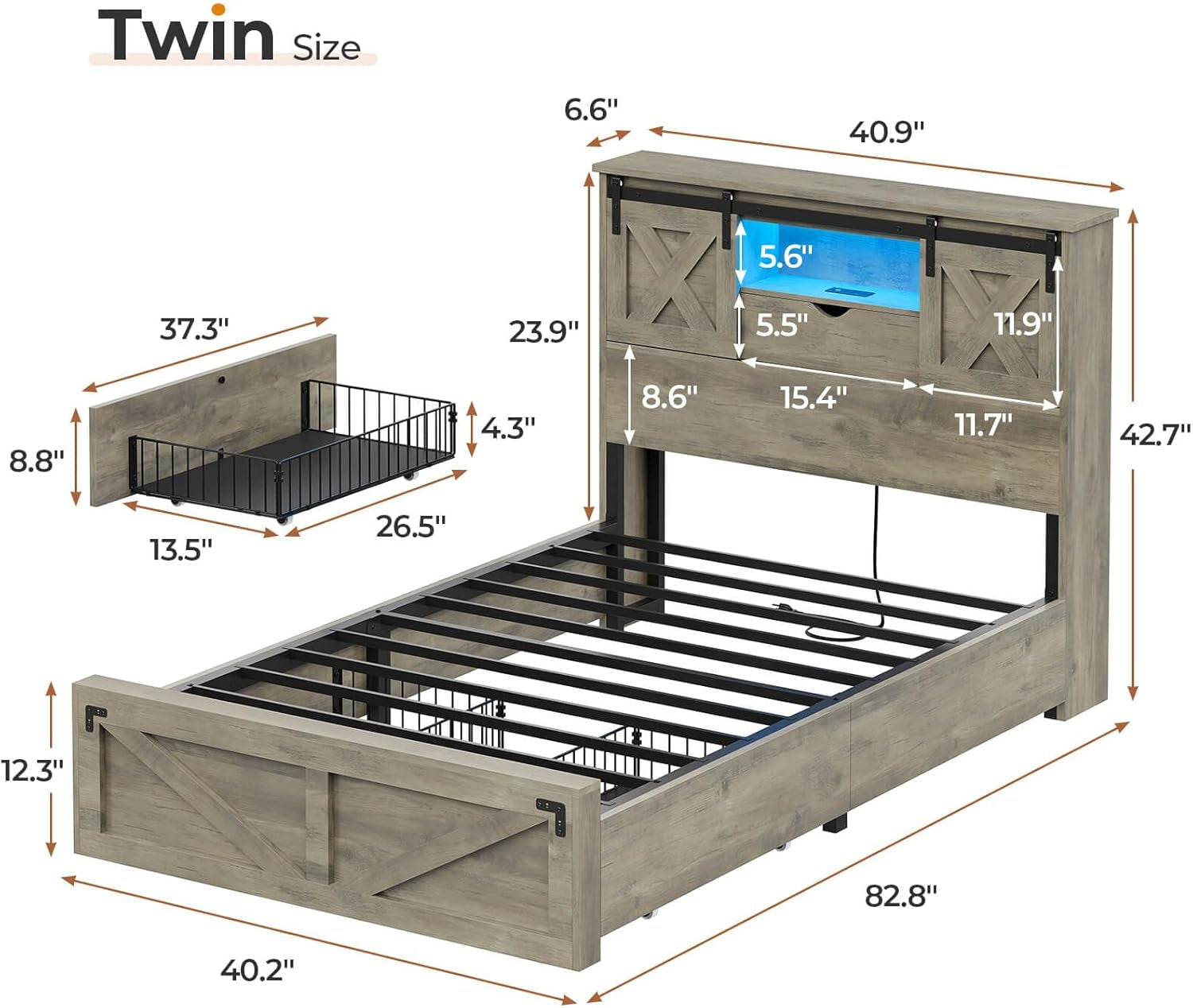 Farmhouse Bed Frame Twin Size with 2 Storage Drawers, Wooden Platform Twin Bed with LED Lights and Charging Station, Rustic Accent Headboard with Sliding Barn Door Storage Cabinets