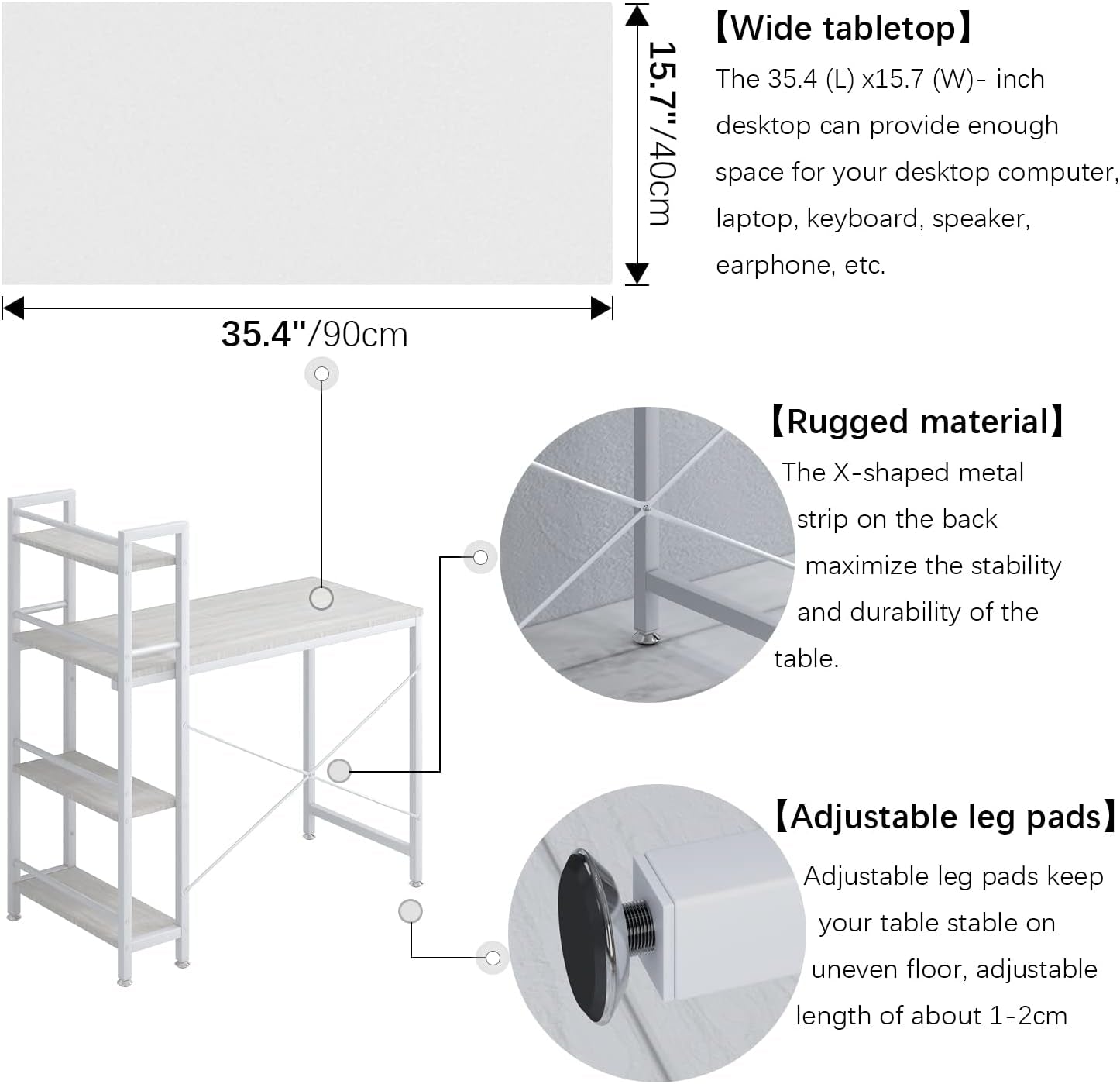 35" Small Computer Desk with 4-Tier Bookshelf, Home Office Desk Writing Workstation Study Table Multipurpose for Small Space Work - All White
