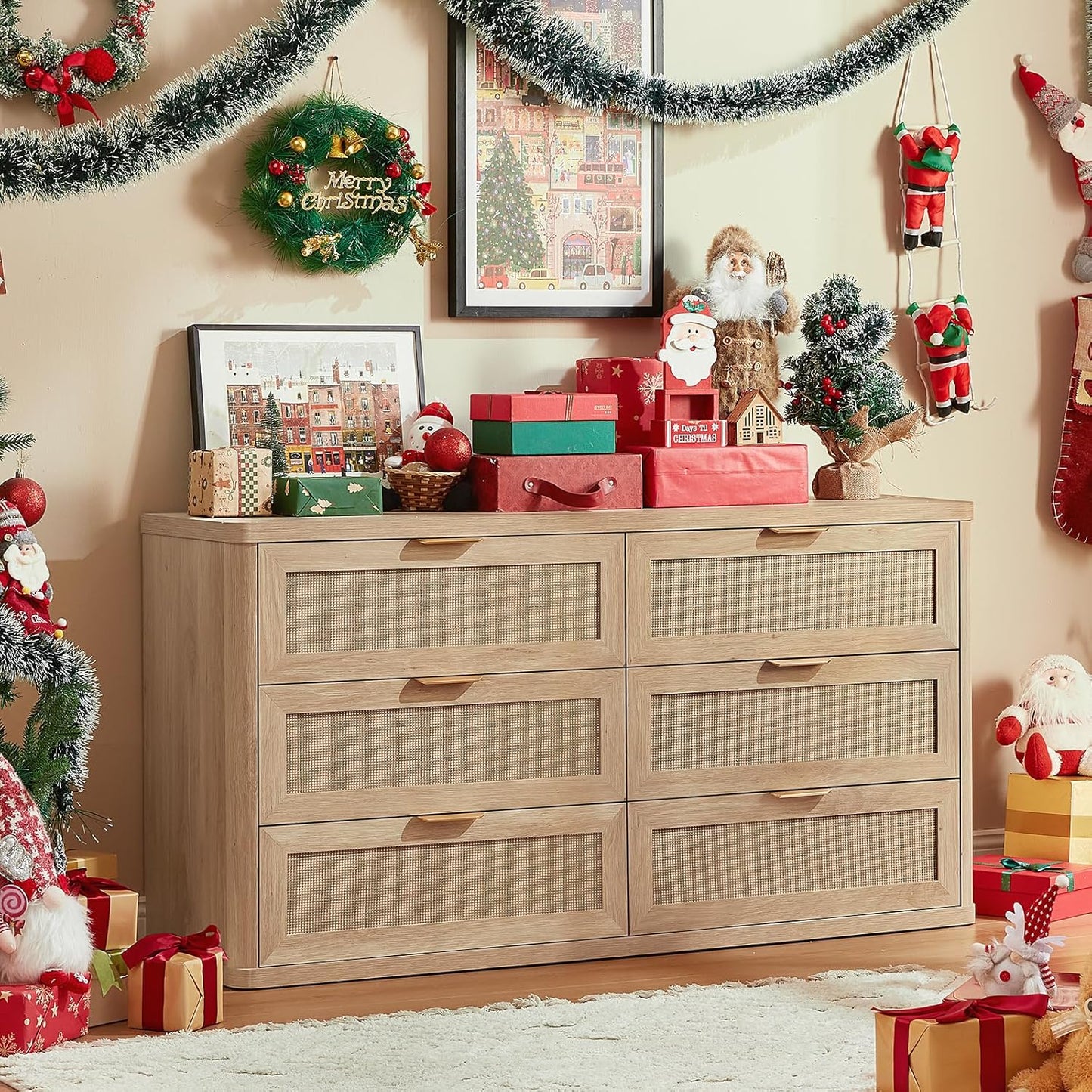 Rattan 6 Drawer Dresser for Bedroom, Boho 54" Wide Natural Wood Dresser Chest of Drawers, Dressers TV Stand with Metal Handle, Storage Dressers Closet Organizer for Living Room, Hallway