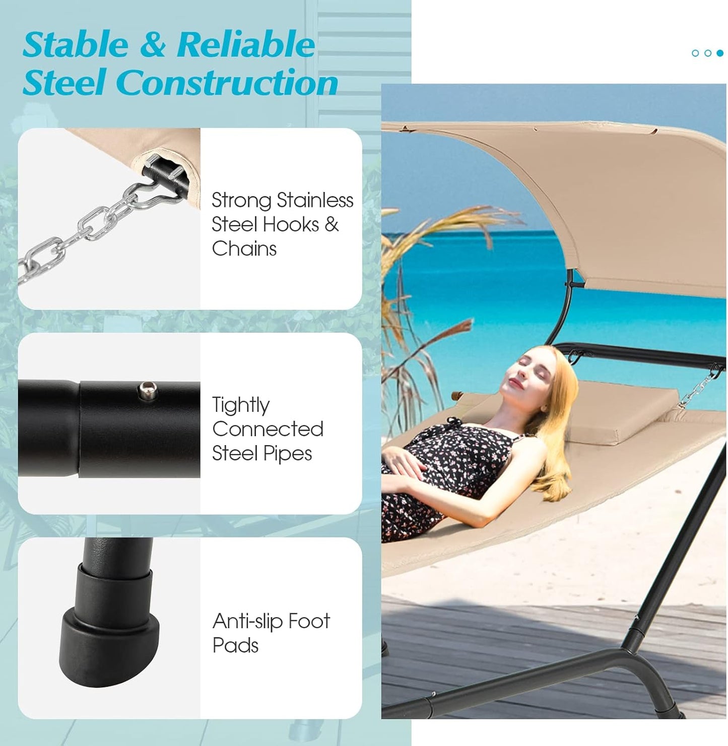 Hanging Hammock with Stand, Patio Hanging Chaise Lounge Chair W/Canopy, Cushion, Pillow & Storage Bag, Heavy Duty Swing Hammock Bed for Garden Lawn Backyard Patio Poolside Porch (Beige)