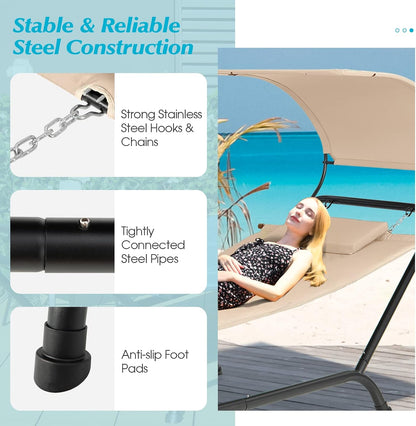 Hanging Hammock with Stand, Patio Hanging Chaise Lounge Chair W/Canopy, Cushion, Pillow & Storage Bag, Heavy Duty Swing Hammock Bed for Garden Lawn Backyard Patio Poolside Porch (Beige)