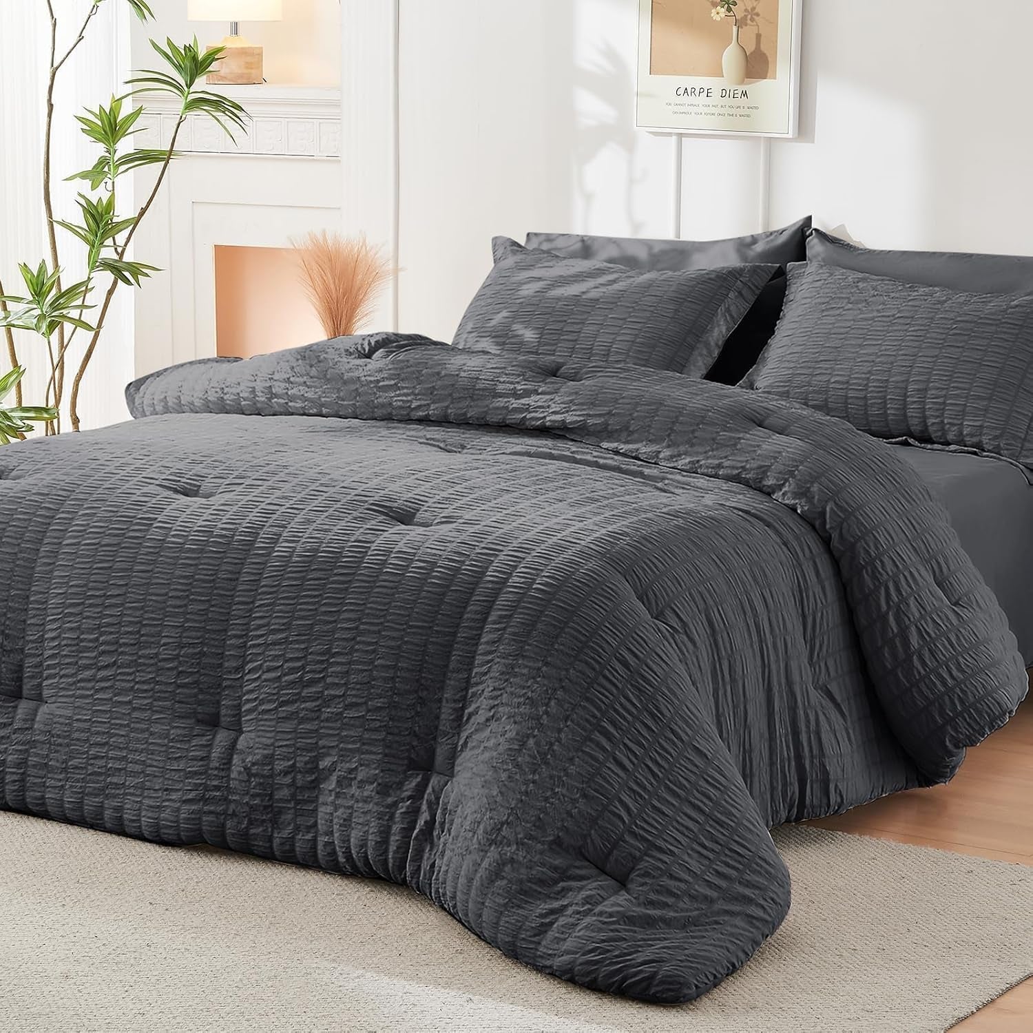 7 Piece King Size Comforter Set Seersucker, All Season Luxury Bed in a Bag for Bedroom, Bedding Set with Comforters, Sheets, Pillowcases & Shams, Dark Grey