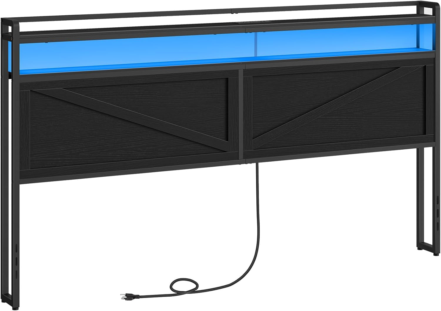 King Size Headboard, Headboard with Charging Station and LED Light Strip, 2-Tier Storage Head Board with Outlets and USB Ports, Industrial Style, for King Size Beds, Black