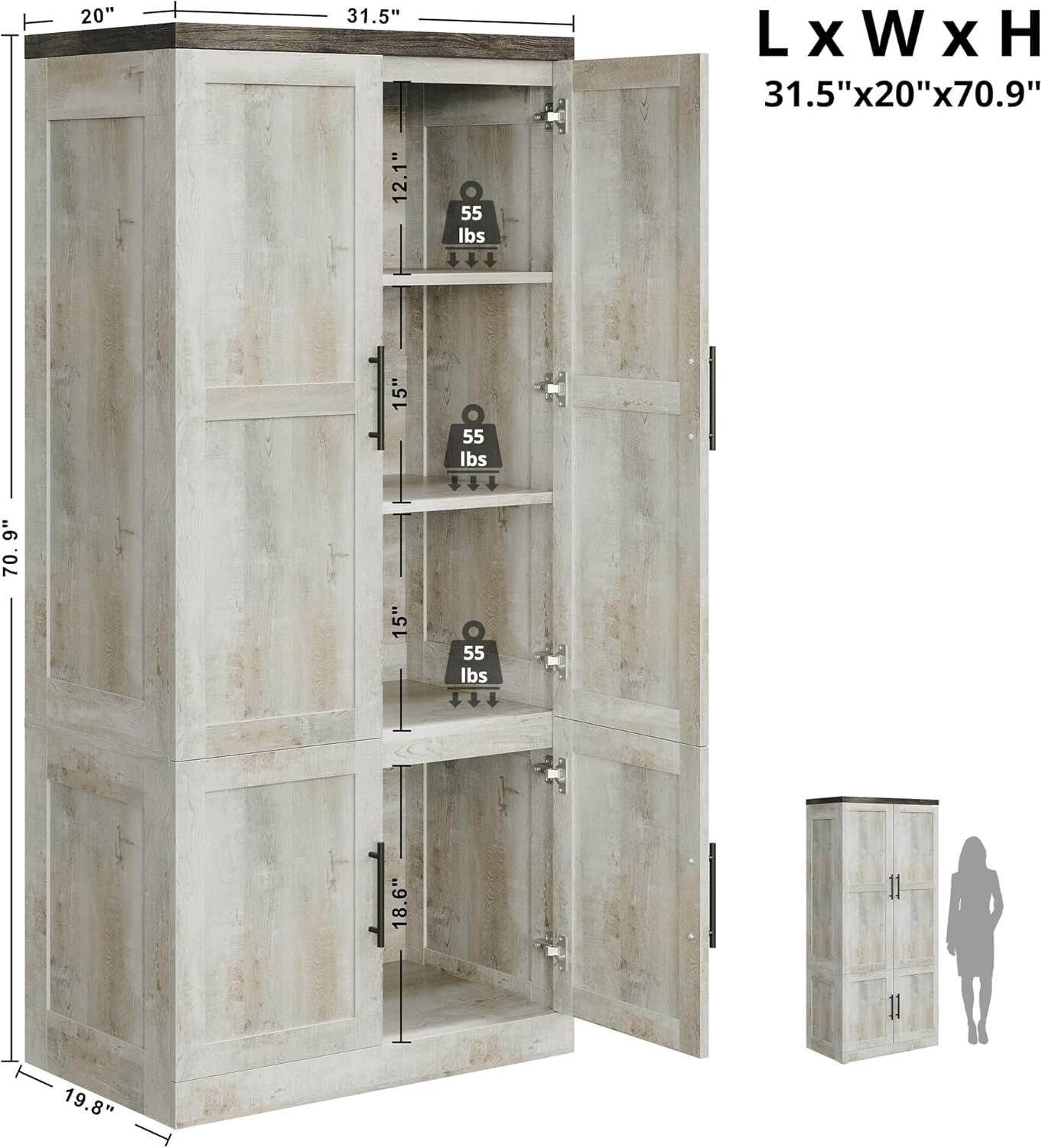 Large Wardrobe Closet, Farmhouse Clothing Storage Cabinet with Hanging Rod and 2 Doors, Wooden Tall Bedroom Armoires with Storage Shelves, Rustic White