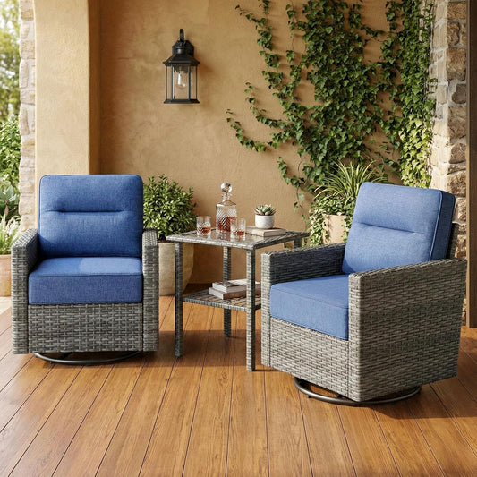Luxury 3-Piece Patio Furniture Set with 6-Inch Thick Cushions, Outdoor Swivel Rocker Chairs Set, Wicker Conversation Set for Porch, Deck, Balcony, Yard in Blue