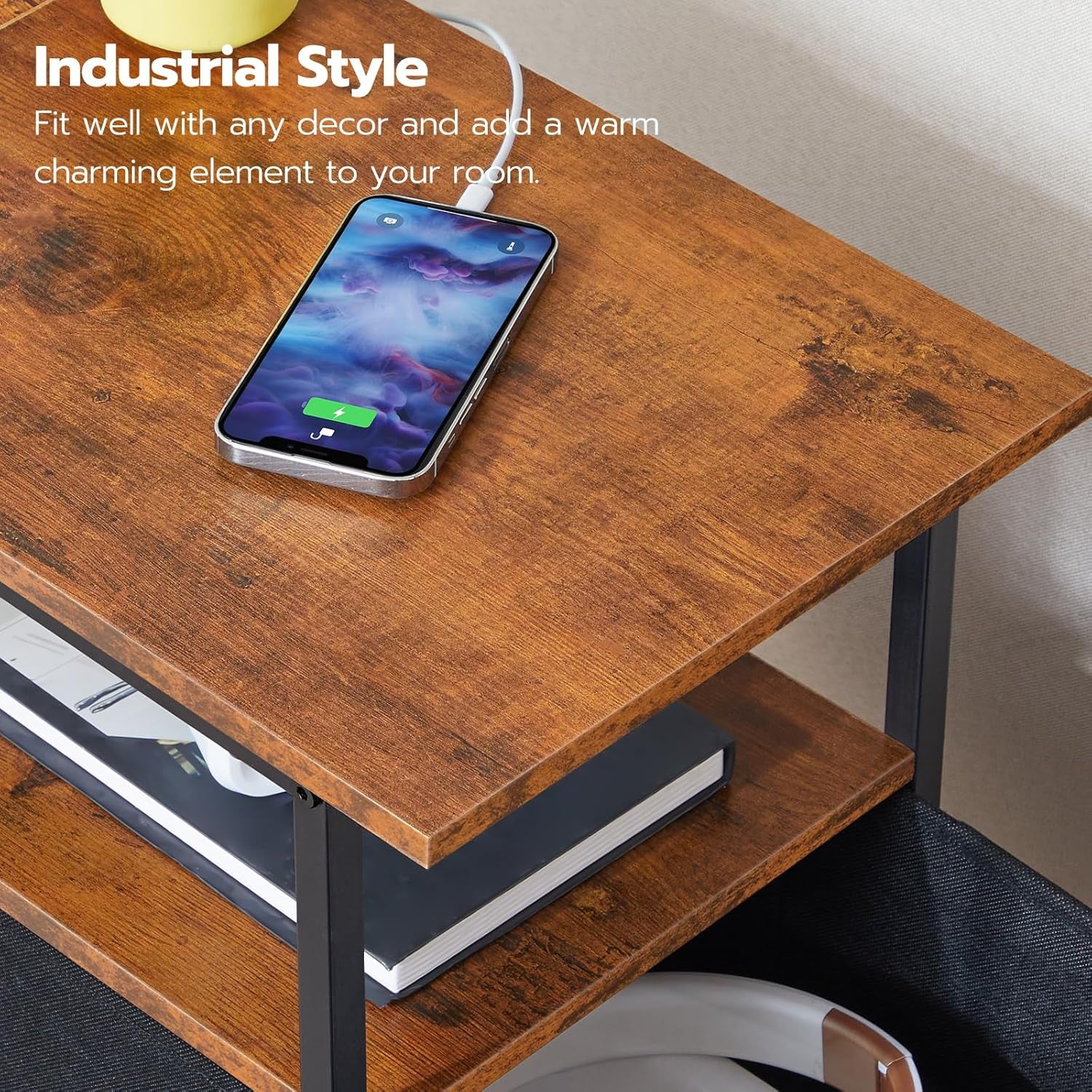 End Table with Charging Station, Narrow Side Table, Nightstand with 2 Non-Woven Drawers, Slim Sofa Side Table, for Small Spaces, Living Room, Bedroom, Rustic Brown and Black BF486UBZ01