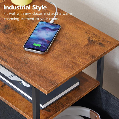 End Table with Charging Station, Narrow Side Table, Nightstand with 2 Non-Woven Drawers, Slim Sofa Side Table, for Small Spaces, Living Room, Bedroom, Rustic Brown and Black BF486UBZ01
