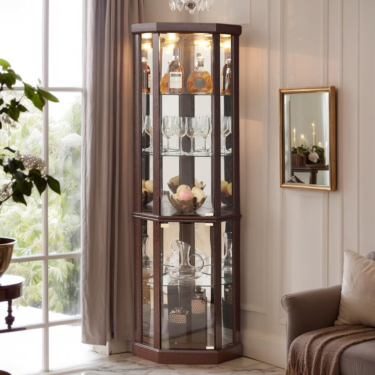 70" H Lighted Corner Curio Cabinet, Glass Display Cage with Tempered Glass Doors and 5 Adjustable Shelves, Wine Cabinet Storage Rack for Bar and Liquor Storage (Dark Cherry)