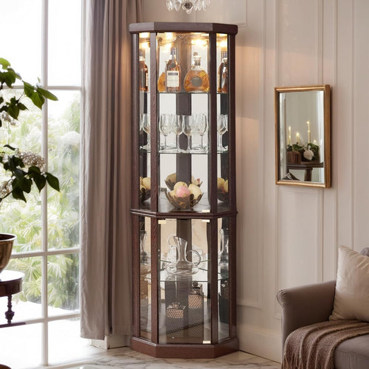 70" H Lighted Corner Curio Cabinet, Glass Display Cage with Tempered Glass Doors and 5 Adjustable Shelves, Wine Cabinet Storage Rack for Bar and Liquor Storage (Dark Cherry)