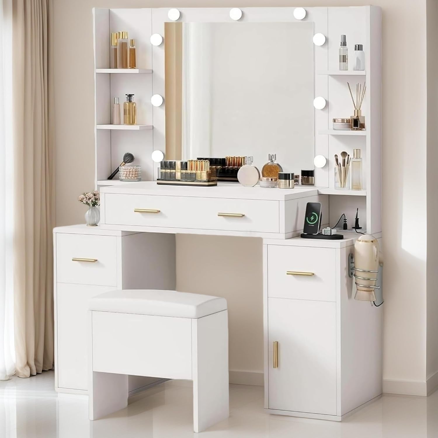 Vanity Desk with Large Mirror and LED Lights, Makeup Vanity Table Set with Power Outlets, Comfy Stool & Storage Drawers, Shelves and Cabinets, 3 Lighting Modes Makeup Table, Dressing Room, White