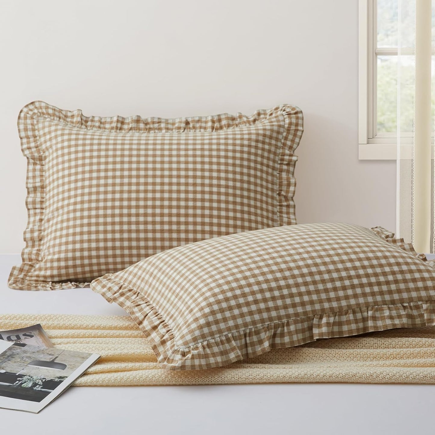 2 Pcs Plaid Ruffle Pillow Case King Size, Ruffled Gingham Cotton Pillowcases 20X36 Inch, Linen Feel Plaid Bed Pillow Shams with Envelope Closure for Sofa Bed (Taupe)
