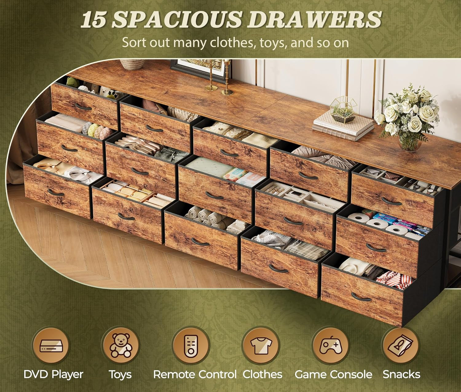 78.7 Inch Long Dresser for Bedroom, 15 Drawer Fabric Dresser for Closet, Large TV Stand for 65, 75, 85 Inch TV, Wide Chest of Drawer with Storage, 78.7" W X 12.9" D X 26.7" H, Rustic Brown