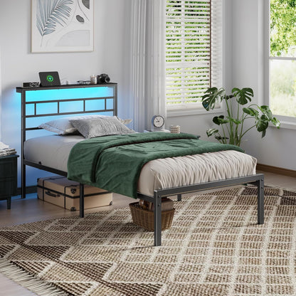 Twin Bed Frames with Built-In Charging Station and LED Light, Metal Platform Bed with Headboard and Storage Shelf, Noise-Free, No Box Spring Needed, Black