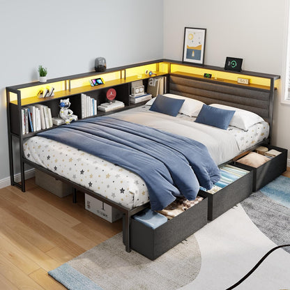 Full Size Bed Frame with Headboard and Storage Drawers, Full Metal Platform Corner Bed Frame with Charging Station and LED Lights, Heavy Duty Strong Support Slats and Easy to Assemble, Black