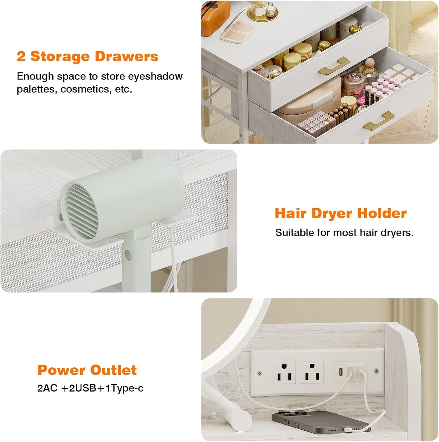 White Small Vanity Desk Set with Lighted Mirror and Chair, Makeup Dresser with 2 Fabric Drawers, Power Outlet, Compact Table with Cushioned Stool for Bedroom Small Space