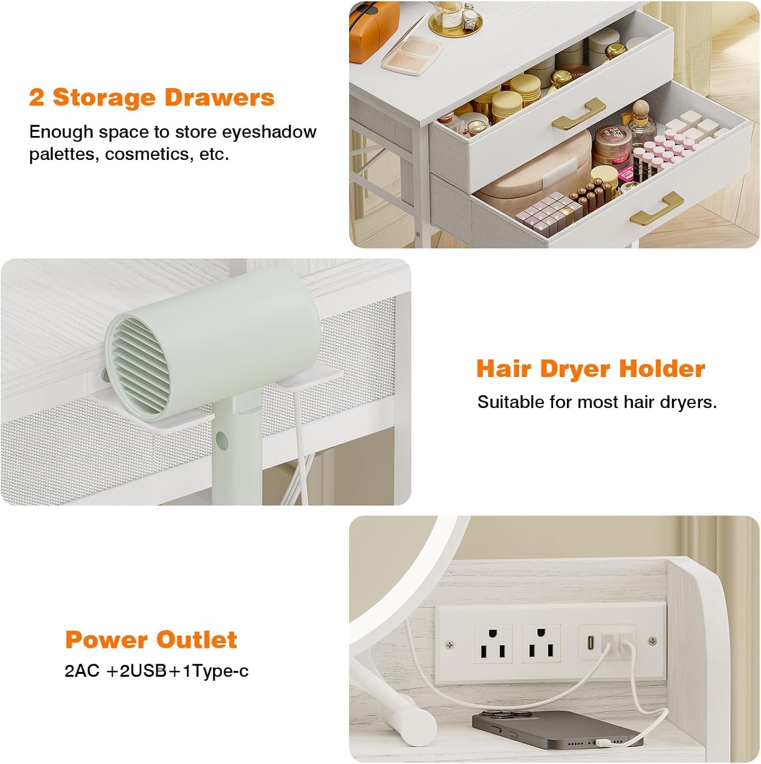 White Small Vanity Desk Set with Lighted Mirror and Chair, Makeup Dresser with 2 Fabric Drawers, Power Outlet, Compact Table with Cushioned Stool for Bedroom Small Space