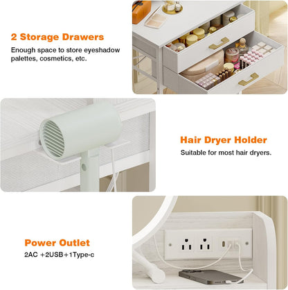White Small Vanity Desk Set with Lighted Mirror and Chair, Makeup Dresser with 2 Fabric Drawers, Power Outlet, Compact Table with Cushioned Stool for Bedroom Small Space