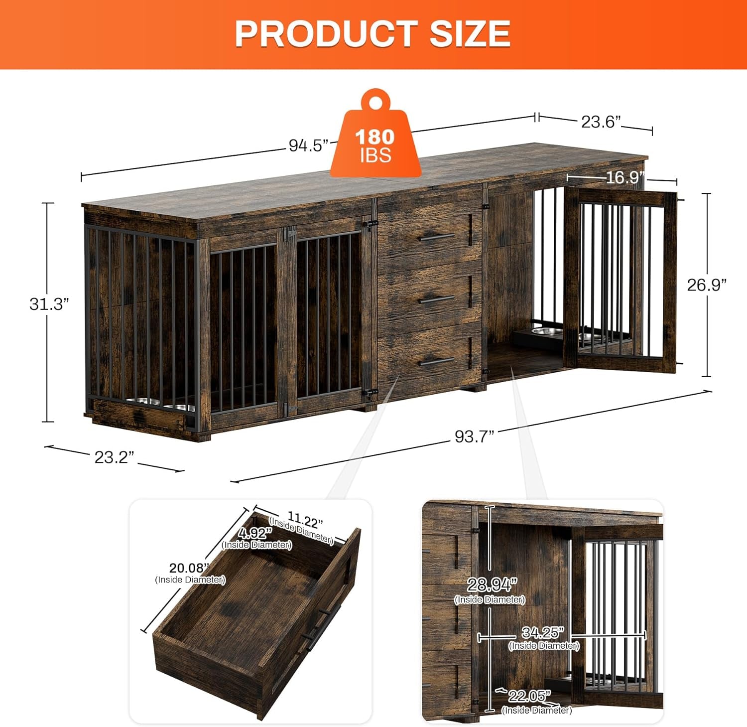 94.5" Dog Crate Furniture for 2 Dogs, Large Dog Kennel Furniture with 3 Storage Drawer, Wooden Dog Cage with 4 Bowls, Indoor Dog House TV Stand with Locks for Large Medium Dog, Rustic Brown