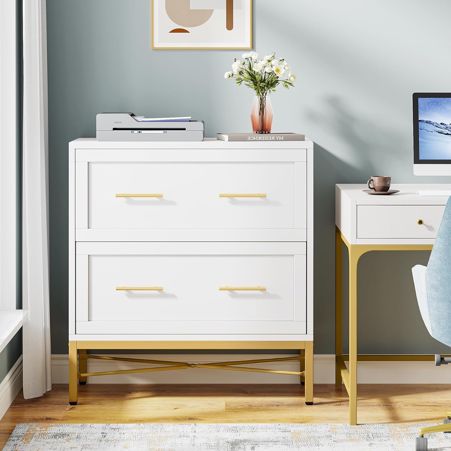 Modern White 2 Drawer File Cabinet, Lateral Filing Cabinet for Letter/Legal/A4 Size, Wood File Storage Cabinets Printer Stand with Storage for Home, Office, White and Gold