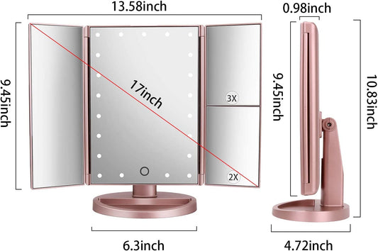 Dresser Mount Tri-Fold Lighted Vanity Mirror with 21 LED Lights, Touch Screen and 3X/2X/1X Magnification, Two Power Supply Modes Make up Mirror,Travel Mirror