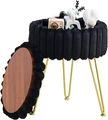 Vanity Stool with Storage, Faux Fur Ottoman Chair with Metal Legs, round Makeup Vanity Chair for Bedroom or Dressing Table, Modern Small Ottoman Seat (Black)
