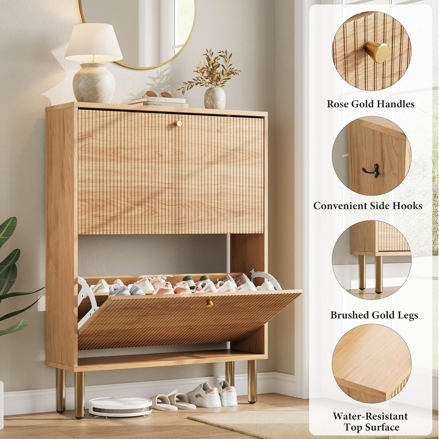 Shoe Storage Cabinet for Entryway - Flip Shoe Cabinet with Tiered Fluted Design - Slim Shoe Storage Rack with Gold Legs - Narrow Shoe Cabinet Hidden Shoe Organizer for Small Spaces