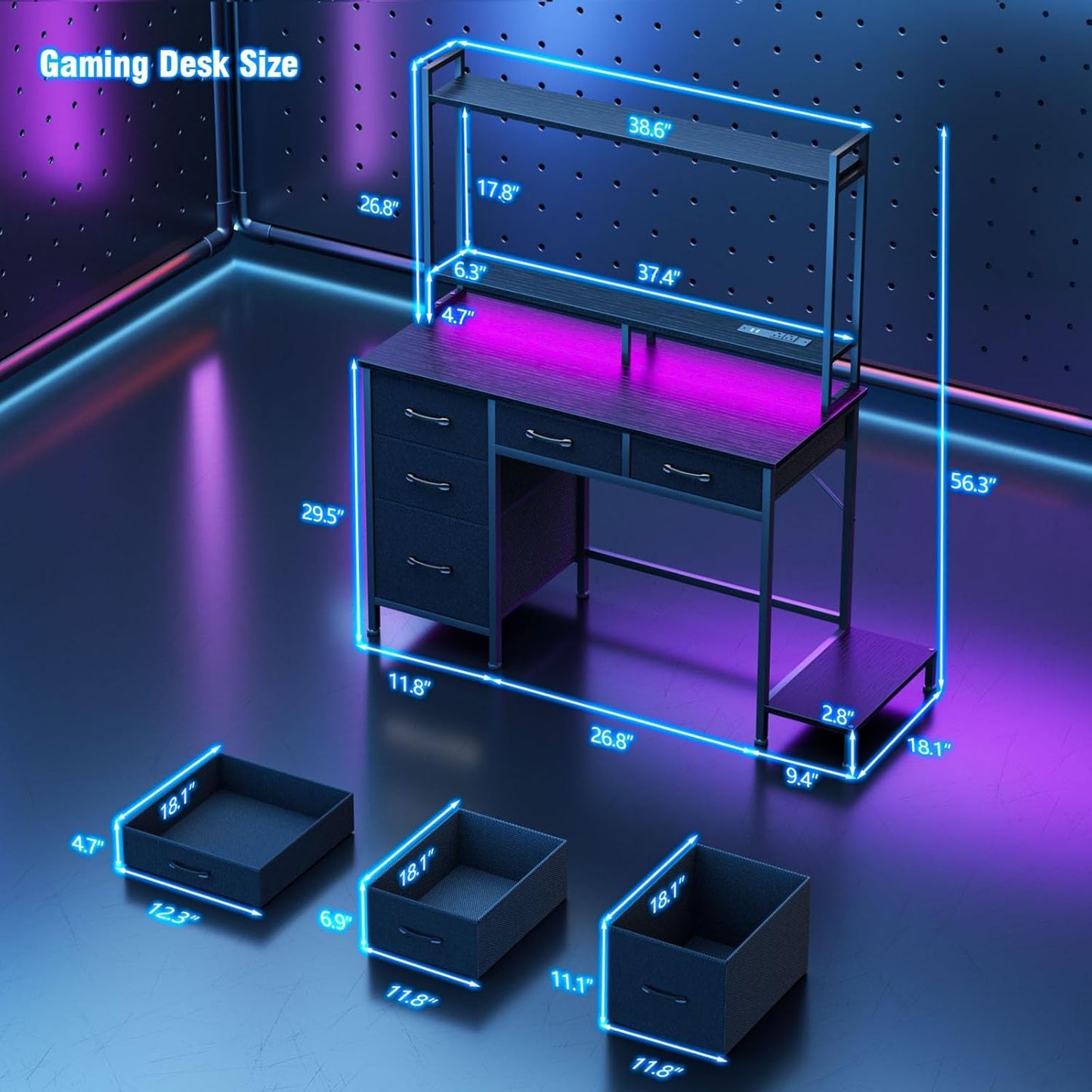 Computer Gaming Desk with Hutch, Home Office Desk with Power Outlets, LED Light, 5 Storage Drawers, 2 Tiers Shelves for Display, 39 Inch Modern Study Writing Table for Bedroom, Black